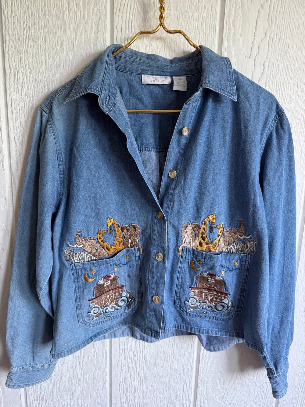 Vintage 90s Christopher & Banks Denim Shirt M Embroidered Noah’s Ark Animals
